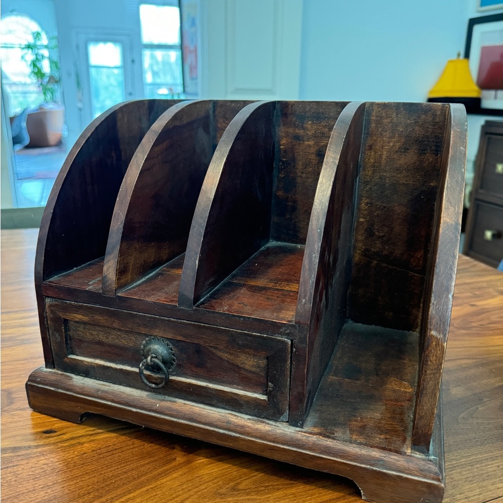 VINTAGE OLD RARE HANDMADE WOODEN LETTER / CARD RACK HOLDER WITH DRAWER 12.75” - Picture 4 of 13